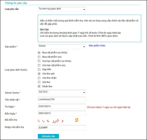 Nhập thông tin cần xem Log giao dịch