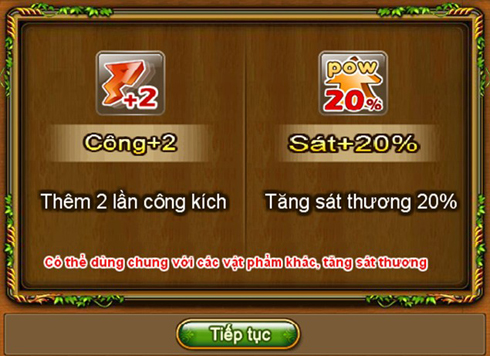 Nhận đạo cụ +2 và 20%