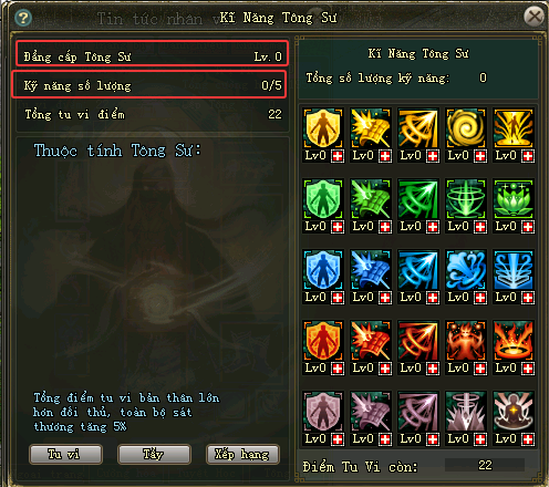 Thuộc tính bộ theo cấp Tông Sư